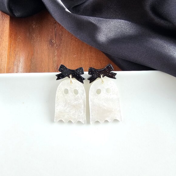 Bow Ghost Halloween Earrings - White Shimmer - Picture 1 of 3